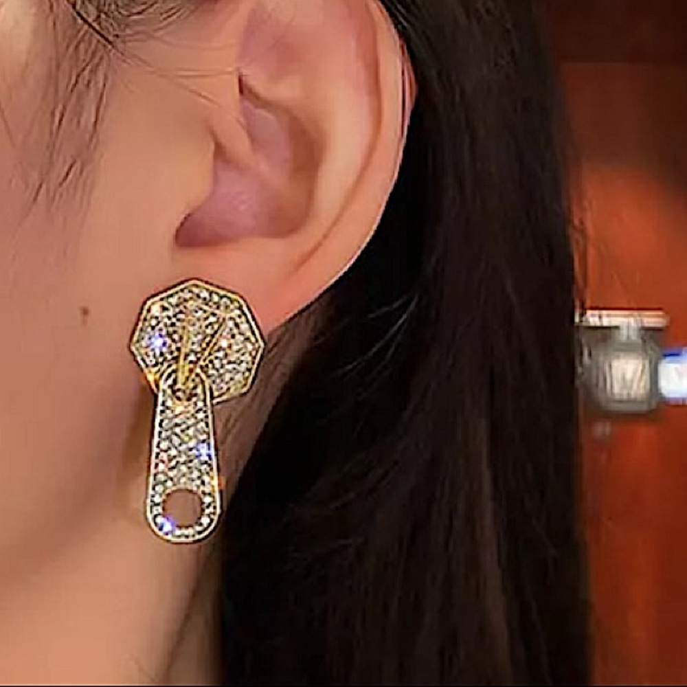 Gold 18K GP Rhinestone Zipper Earrings - Picture 4 of 4